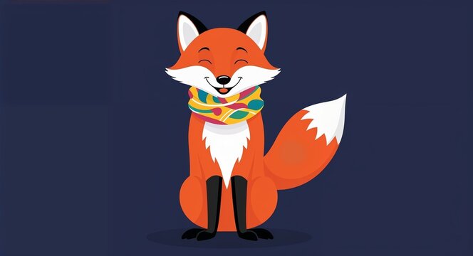 A happy fox in a colorful scarf kid cute art illustration on a plain navy background
