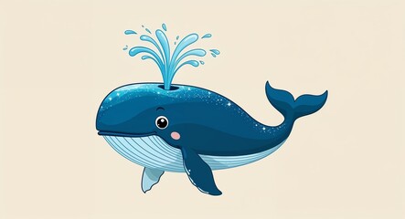 A happy whale with sparkly water spouts kid art illustration with a plain cream background
