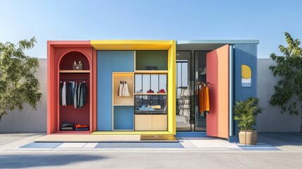 A modular pop-up retail store with customizable sections, featuring bold designs and adaptability for different urban locations