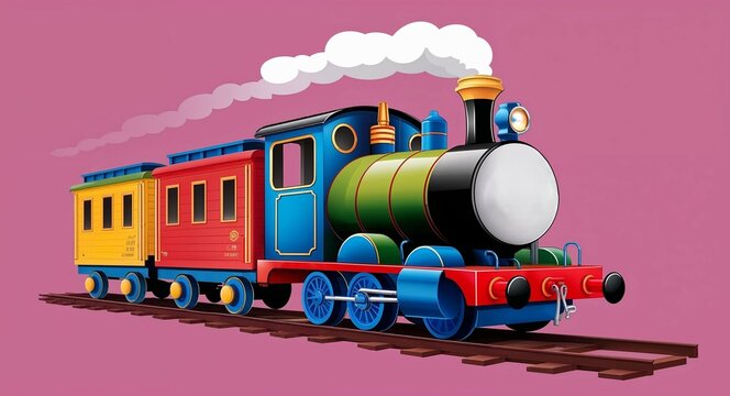 A smiling train engine with colorful wagons kid cute art illustration on a plain fuchsia background