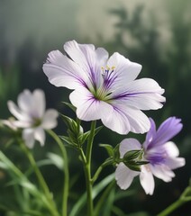 Fototapeta premium The delicate petals of a purple and white flower gently swaying in the breeze on a green stem, white flower, flora, botanical image