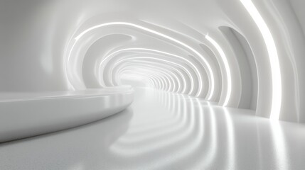 Obraz premium White background 3D room light abstract space technology tunnel stage floor. Empty white future 3D neon background studio futuristic corridor render modern interior silver road black wall design gray
