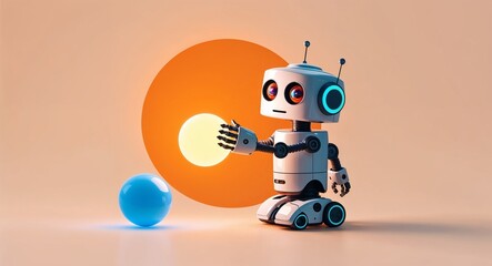 A tiny robot playing with a glowing ball kid cute art illustration on a plain orange background