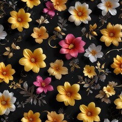 A collection of rare and exotic flowers scattered on a black background with gold and silver swirls, vibrant, flower