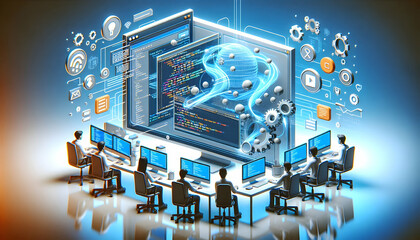 3D Glossy background of a software development team using collaborative coding platforms with copy space concept as A glossy background showcasing a software development team using collaborative codin