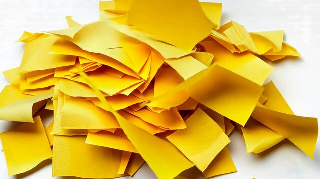 Colorful pile of yellow sticky notes scattered on a white surface showing various sizes and orientations for creative brainstorming