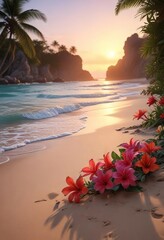 Tropical blooming flowers on sandy beach at dusk, beach flowers, sunflowers