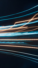 Blue horizontal light streaks on a black background, with a glowing effect and glowing lines. The blue glow line effect creates a horizontal beam, giving the impression of a light trail.