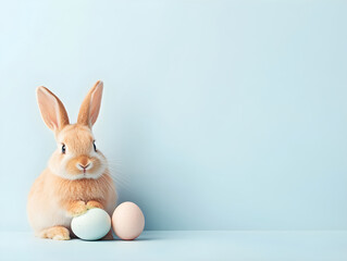 Happy Easter. Cute rabbit with decorated colorful easter eggs on pastel light blue background with copy space. Creative minimal concept for greeting card. Spring invitation, flyer, border, banner.