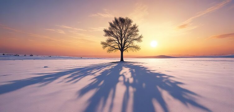 Snow-covered field with a solitary tree casting long shadows over the landscape at sunset, serene winter, purple sky, solitary tree