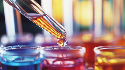 Close-up of dropper and colorful liquid in test tubes, a creative science-themed background header or website banner
