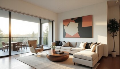 A modern living room with large windows overlooking a scenic outdoor view, featuring a beige sofa, armchair, and coffee table, complemented by a wooden side table and a large abstract painting