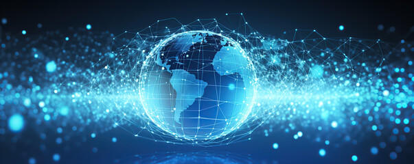 Obraz premium Visualization of a digital globe with a network of interconnected nodes in blue tones showcasing global connectivity