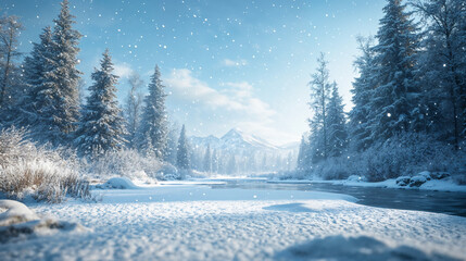 Winter wonderland river scene with snowy trees and peaceful water - perfect background header or website banner