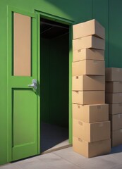 Green door of a storage unit revealing neatly stacked cardboard boxes, tidy , goods