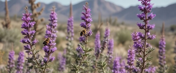 Fototapeta premium A bee flying towards a blooming Texas Sage plant with flowers, nature photography, purple