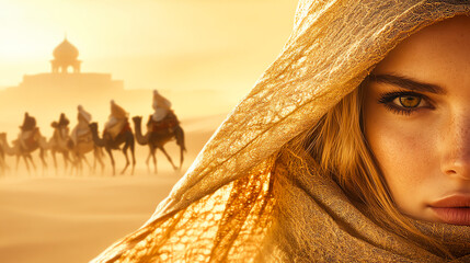 A woman in desert, golden light, and camels.