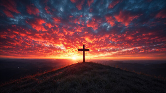 Silhouette of a Christian cross on a hill during a vibrant sunset, ideal for Catholic spiritual or faith-themed background header or website banner