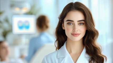 Confident woman doctor in medical attire smiling in hospital.