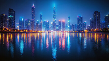Naklejka premium Illuminated city skyline reflected on water, perfect for a modern urban background header or website banner