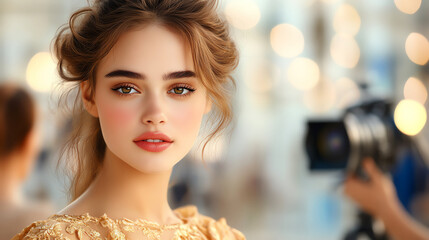 Elegant woman smiling in a bright setting.