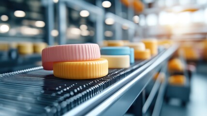 Colorful cheese wheels on conveyor belt being weighed and labeled.