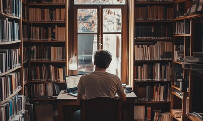 Person works on laptop in library, surrounded by books.