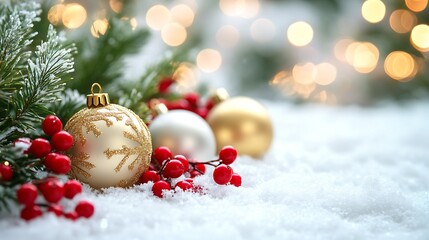 Bright Christmas frame of spruce, white, and gold Christmas decorations, red berries on white fluffy snow-like background:generative AI