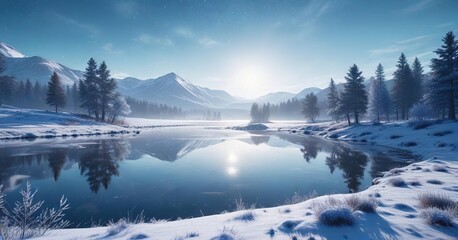 A blue-hued winter landscape with rolling hills and a frozen lake in the background, complete with snowflakes gently falling around it, peaceful scenery, blue wintery landscape