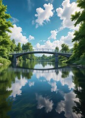 Fototapeta premium A majestic bridge stretching across a serene lake under the radiant blue sky with puffy white clouds and lush green trees surrounding it, lakes, engineering