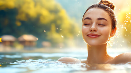 Fototapeta premium Serene woman enjoying nature in tranquil water.