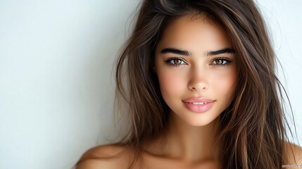 Naklejka premium Ultra-realistic portrait of a happy Australian woman with straight brown hair, joyful expression, soft lighting, plain white background, highly detailed 