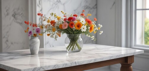 White marble table with a glass vase filled with fresh flowers and a small wooden bench, garden view, outdoor breakfast, glass vase