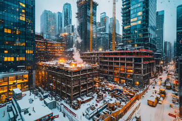 Snowy city construction site at night.