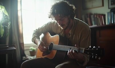 Man plays acoustic guitar near window.
