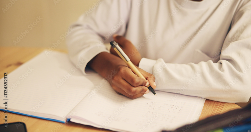 Poster hands, writing and child with notebook, desk and education for student, growth and development in sc