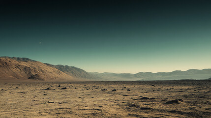 Serene desert landscape at dusk with distant mountains and clear skies