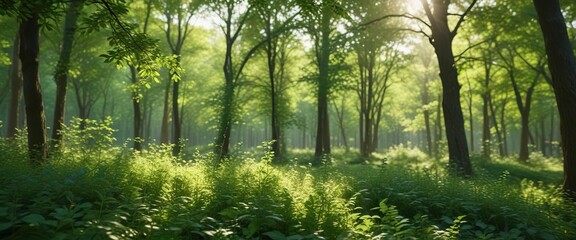 Fototapeta premium Wide-angle shot of blurred green foliage against a vibrant green bokeh background with distant trees, bokeh photography, blurred landscape, tree details