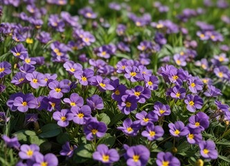 Naklejka premium a field of purple violets with clear yellow stamens against green grass , garden, nature
