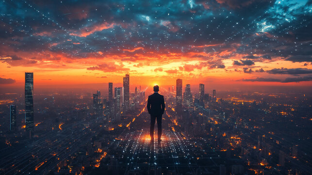 Futuristic vision of a businessman on a glowing grid overlooking a city at twilight, perfect for a digital innovation background header
