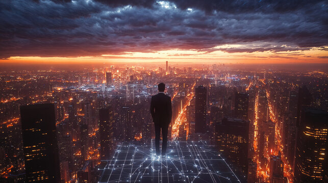 “Visionary standing on a glowing grid in a futuristic city skyline at sunset, perfect for technology-driven website banners or headers