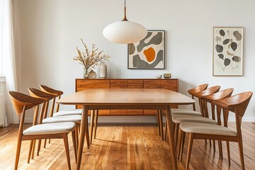 A mid century modern interior design in a dining room with a wooden dining table and chairs and pendant lighting. Generative AI
