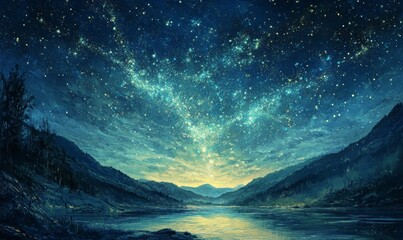 Starry night sky over tranquil lake, mountains.