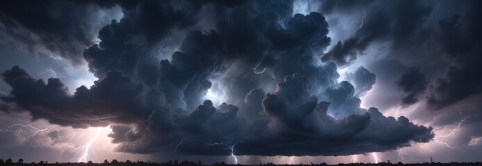 A dramatic blue sky with thick grey cumulus clouds and lightning illuminating the dark clouds, blue sky, foreboding, clouds