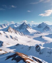 Obraz premium Snowy mountain range with a vast expanse of untouched white and blue sky in the background, untouched snow, serene solitude