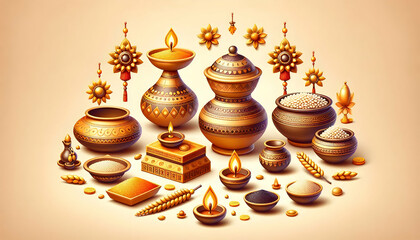 Obraz premium 3D Pongal Cultural Icons Vector concept as Vector illustration of traditional Pongal cultural icons like pots kolam lamps and rice grains representing cultural heritage and festivity perfect for infog