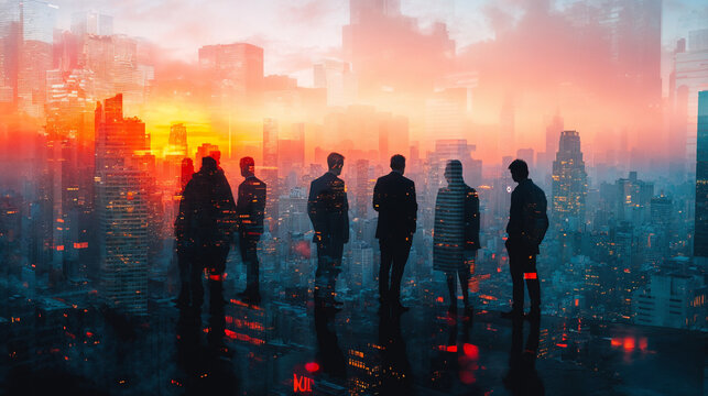 Silhouettes of a group meeting against a glowing city skyline at sunset, perfect for business and urban themes as a background header or website banner - Powered by Adobe
