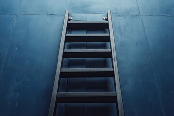 A wooden ladder leaning against a tall blue wall, symbolizing personal growth, ambition, opportunity, or success