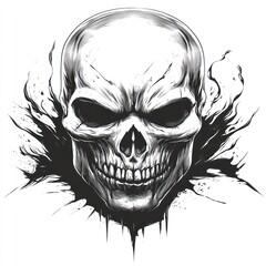 Obraz premium Grim grinning skull emerging from dark abyss; detailed monochrome illustration.