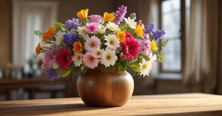 Bouquet of spring flowers in a vase on a wooden table with soft focus and warm lighting, spring, floral arrangement, still life
